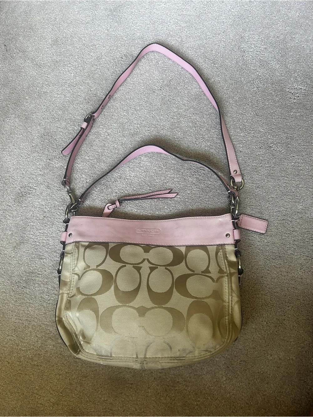 Coach Signature Canvas Shoulder Bag in Pink and Khaki